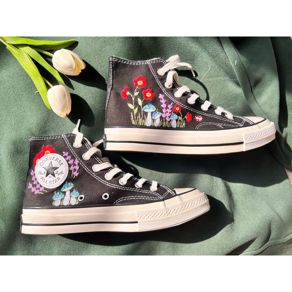 Embroidered ConverseConverse High Tops Chuck Taylor 1970s Green Mushrooms And Brilliant Flower GardensCustom Logo Mushrooms,Flowers - 6.jpg