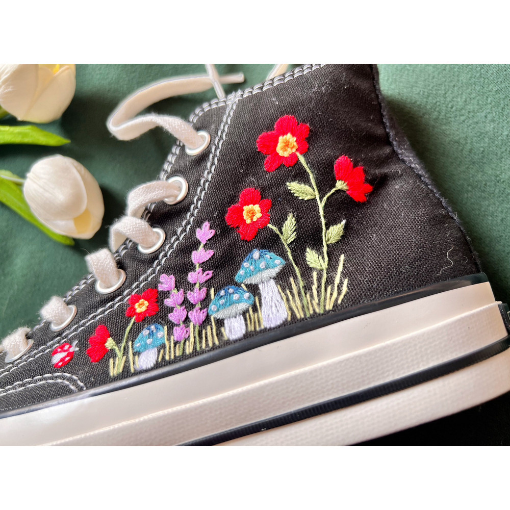 Embroidered ConverseConverse High Tops Chuck Taylor 1970s Green Mushrooms And Brilliant Flower GardensCustom Logo Mushrooms,Flowers - 7.jpg