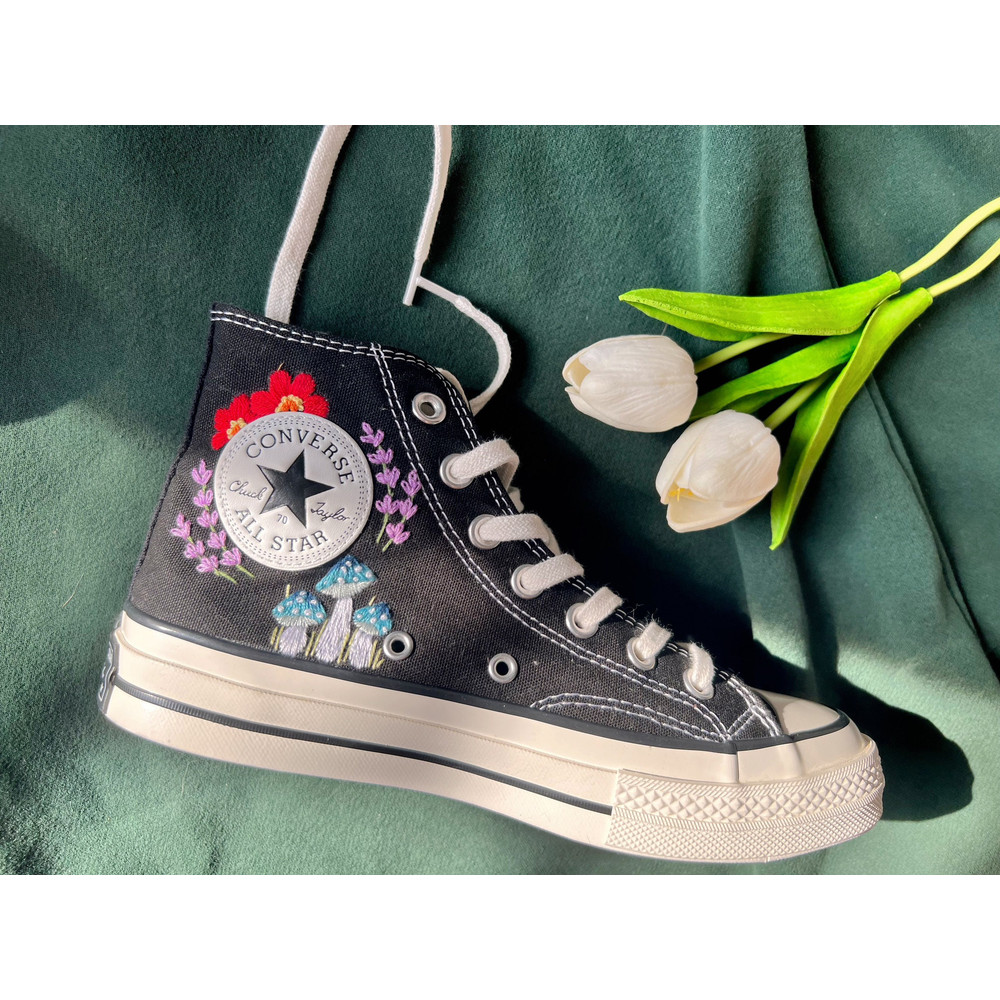 Embroidered ConverseConverse High Tops Chuck Taylor 1970s Green Mushrooms And Brilliant Flower GardensCustom Logo Mushrooms,Flowers - 8.jpg