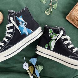 embroidered converse,custom converse pet,embroidered converse high tops cat embroidery art,custom blue cat,custom logo c