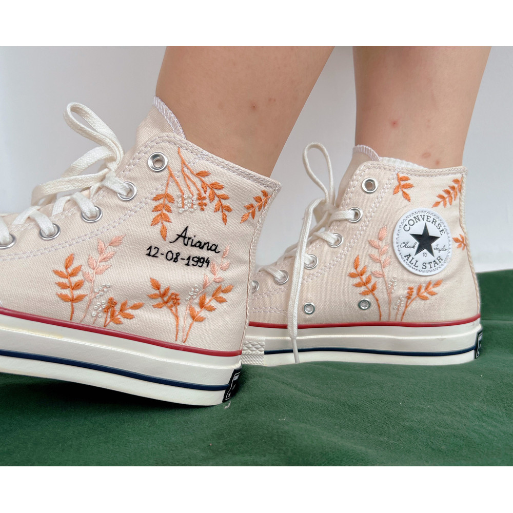 Embroidered ConverseCustom Converse Orange Tree Leaves Cover The Wedding Day And NameCustom Logo LeavesGift For Her - 2.jpg
