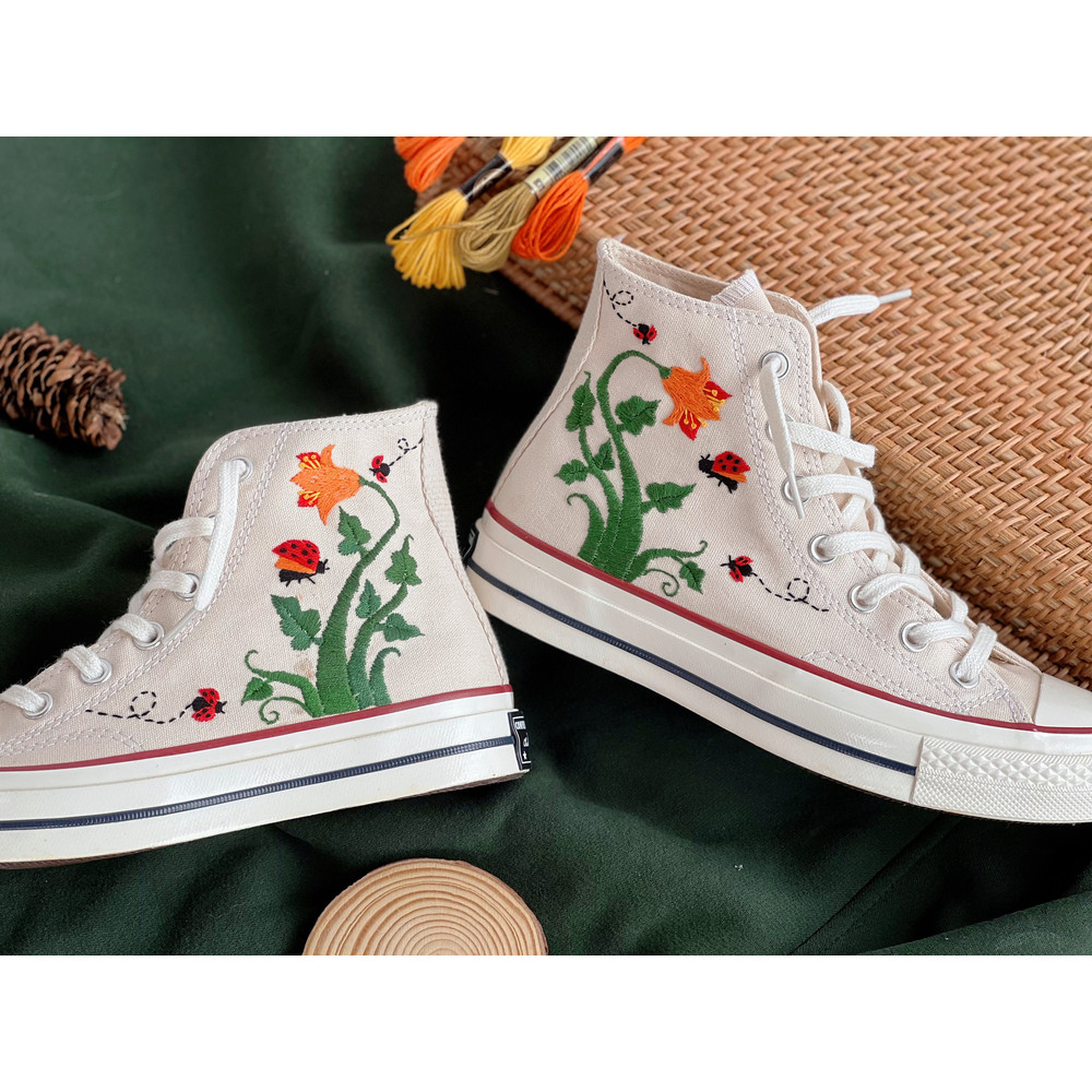 Embroidered ConverseFlower ConverseCustom Converse Orange Flowers,Vines And Red LadybugsEmbroidered Converse High Tops Chuck Taylor 1970s - 1.jpg
