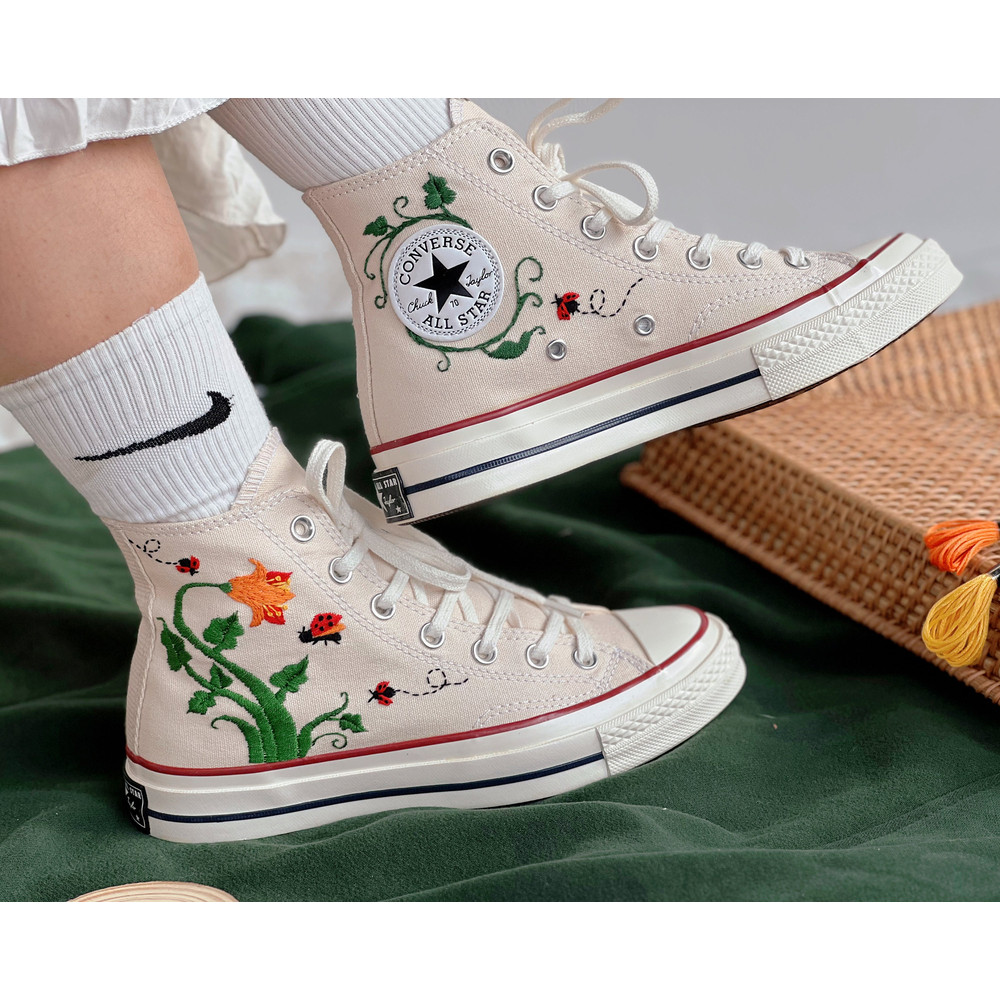 Embroidered ConverseFlower ConverseCustom Converse Orange Flowers,Vines And Red LadybugsEmbroidered Converse High Tops Chuck Taylor 1970s - 2.jpg