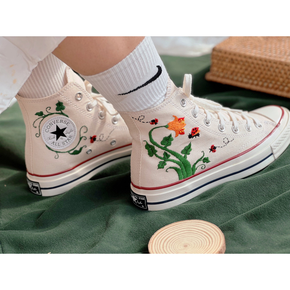 Embroidered ConverseFlower ConverseCustom Converse Orange Flowers,Vines And Red LadybugsEmbroidered Converse High Tops Chuck Taylor 1970s - 3.jpg