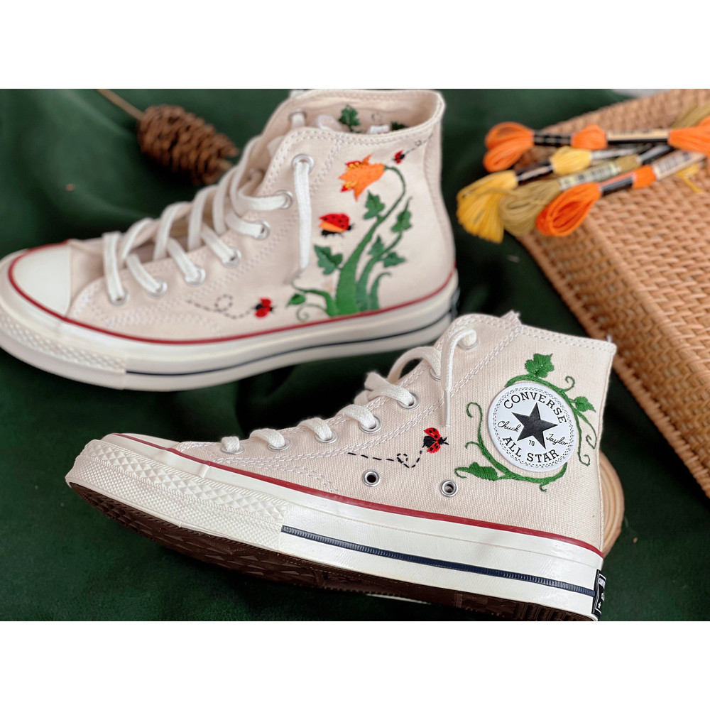 Embroidered ConverseFlower ConverseCustom Converse Orange Flowers,Vines And Red LadybugsEmbroidered Converse High Tops Chuck Taylor 1970s - 4.jpg