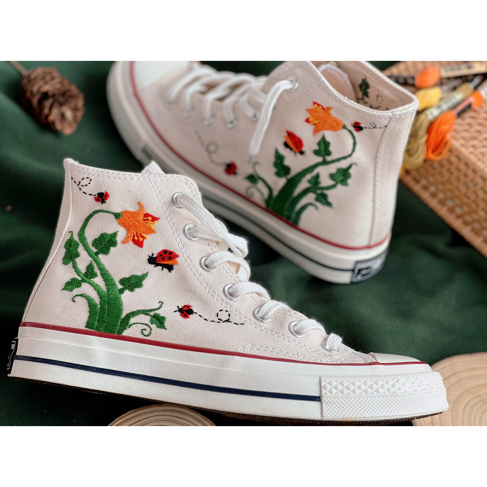 Embroidered ConverseFlower ConverseCustom Converse Orange Flowers,Vines And Red LadybugsEmbroidered Converse High Tops Chuck Taylor 1970s - 5.jpg