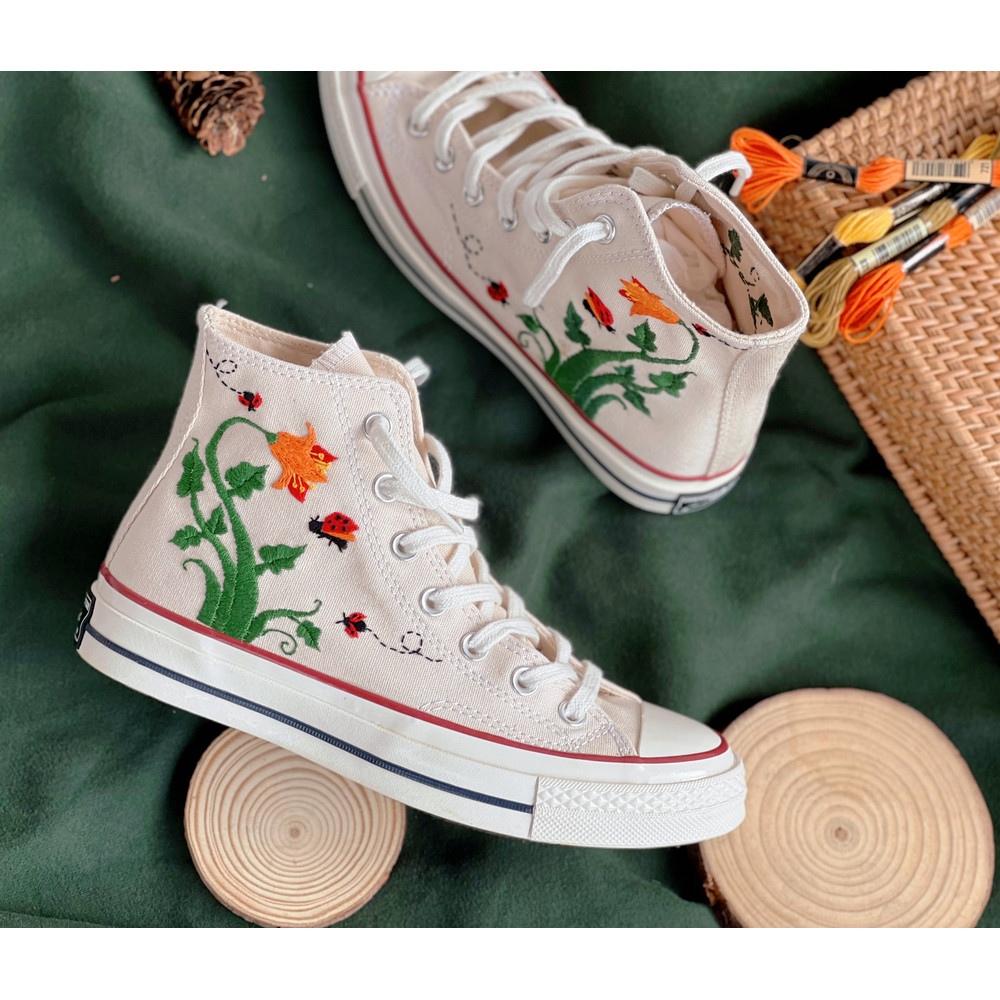 Embroidered ConverseFlower ConverseCustom Converse Orange Flowers,Vines And Red LadybugsEmbroidered Converse High Tops Chuck Taylor 1970s - 6.jpg