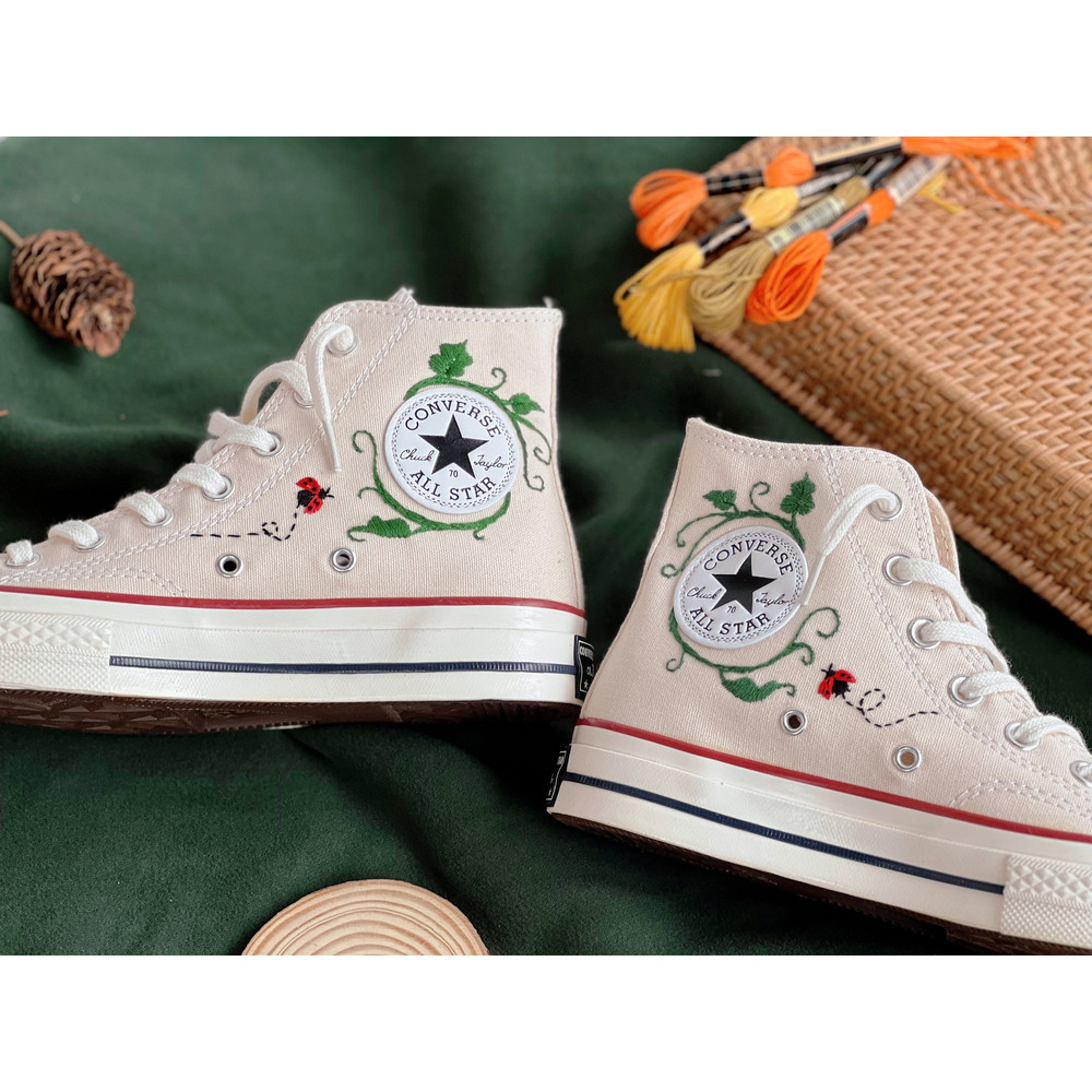Embroidered ConverseFlower ConverseCustom Converse Orange Flowers,Vines And Red LadybugsEmbroidered Converse High Tops Chuck Taylor 1970s - 7.jpg