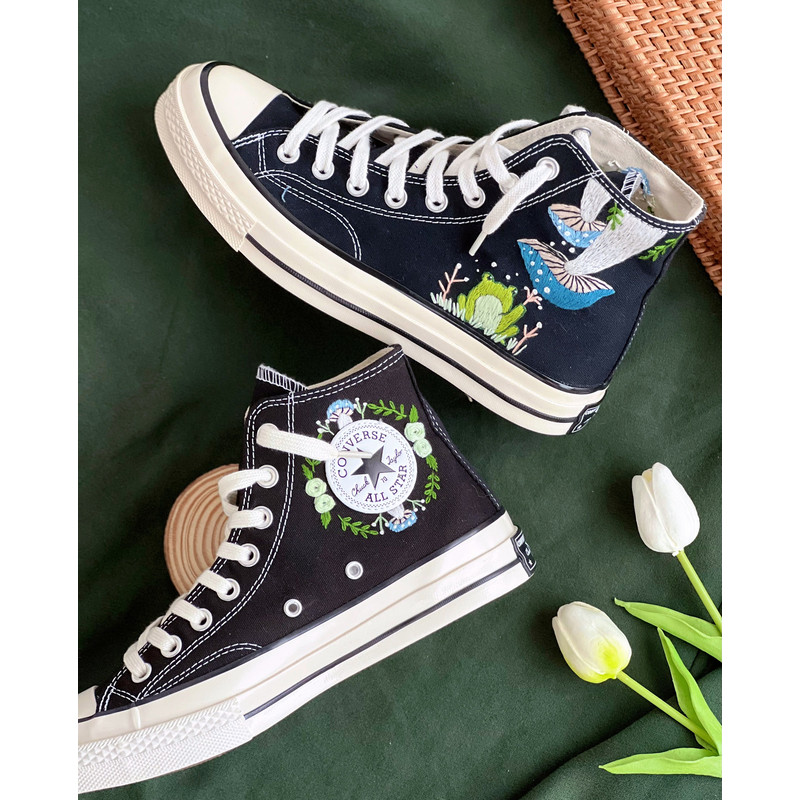 Embroidered ConverseMushroom ConverseEmbroidered Blue Mushrooms, Monarch Butterflies And WildflowersConverse High Tops Chuck Taylor 1970s - 3.jpg
