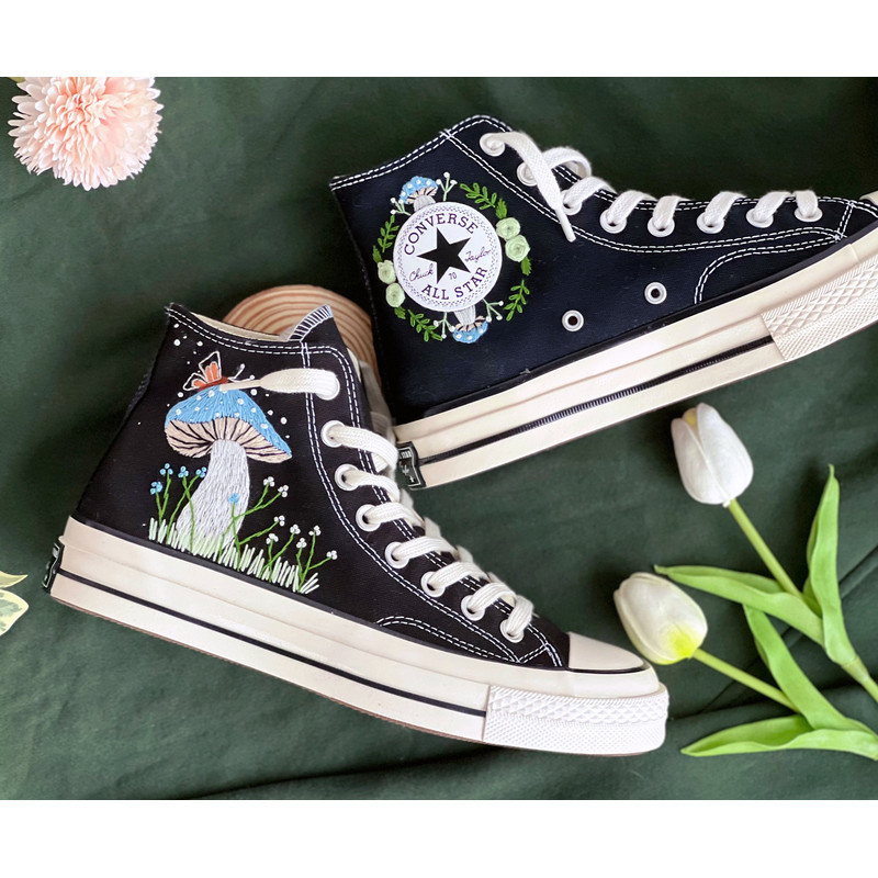 Embroidered ConverseMushroom ConverseEmbroidered Blue Mushrooms, Monarch Butterflies And WildflowersConverse High Tops Chuck Taylor 1970s - 4.jpg