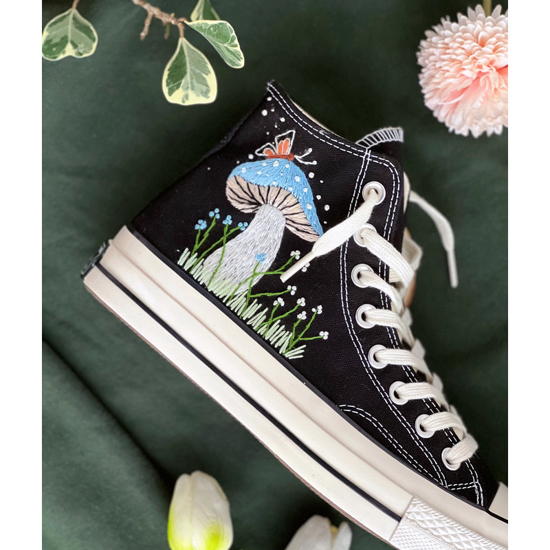 Embroidered ConverseMushroom ConverseEmbroidered Blue Mushrooms, Monarch Butterflies And WildflowersConverse High Tops Chuck Taylor 1970s - 5.jpg
