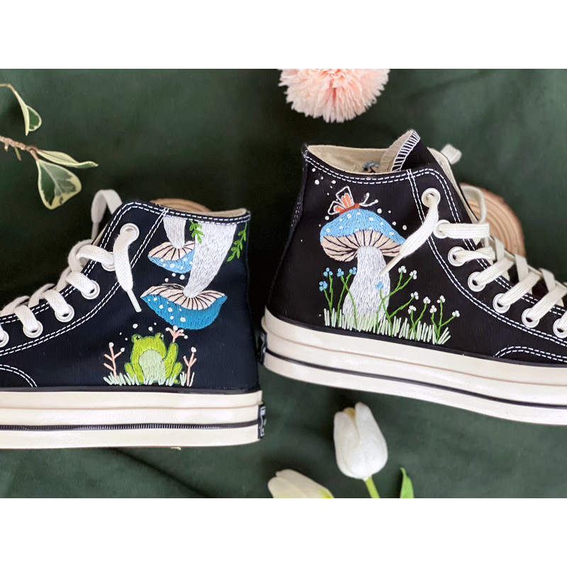 Embroidered ConverseMushroom ConverseEmbroidered Blue Mushrooms, Monarch Butterflies And WildflowersConverse High Tops Chuck Taylor 1970s - 6.jpg