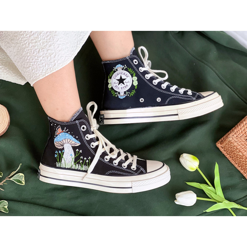 Embroidered ConverseMushroom ConverseEmbroidered Blue Mushrooms, Monarch Butterflies And WildflowersConverse High Tops Chuck Taylor 1970s - 7.jpg