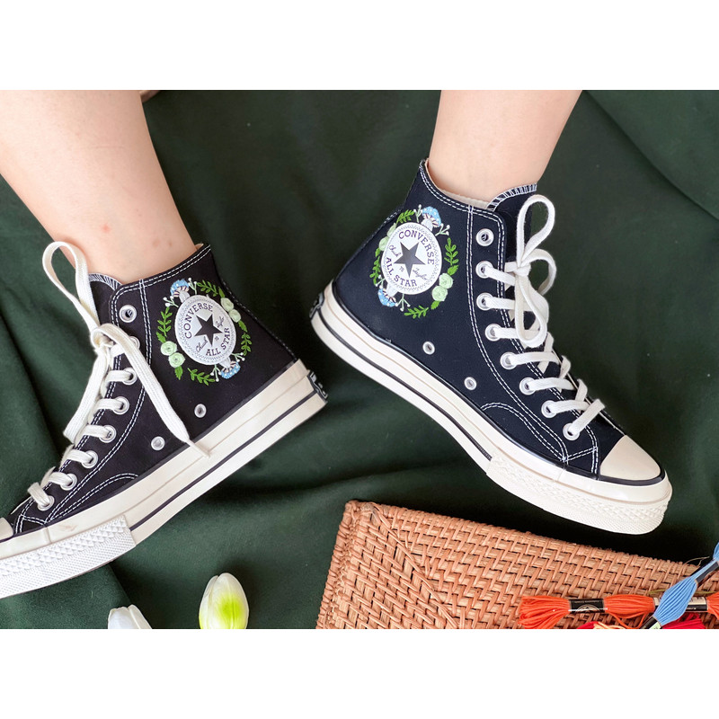 Embroidered ConverseMushroom ConverseEmbroidered Blue Mushrooms, Monarch Butterflies And WildflowersConverse High Tops Chuck Taylor 1970s - 8.jpg
