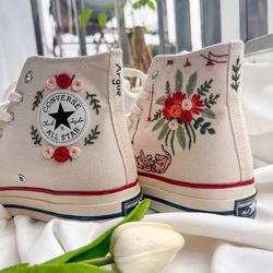 embroidered converse,wedding converse,converse high tops wedding flowers and cats,custom chuck taylor 1970s,wedding snea