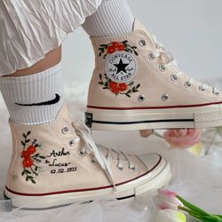 embroidered converse,wedding converse,flower converse,custom converse wedding name and date,embroidered converse high to