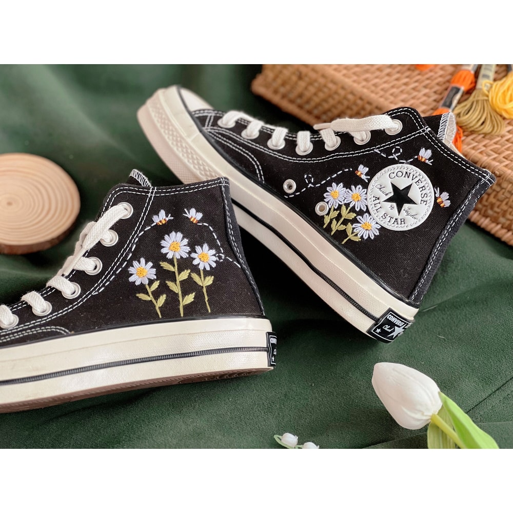 Flower ConverseCustom Converse White Chrysanthemum And BeesEmbroidered Logo DaisyCustom Converse Chuck Taylors 1970sGift For Her - 1.jpg