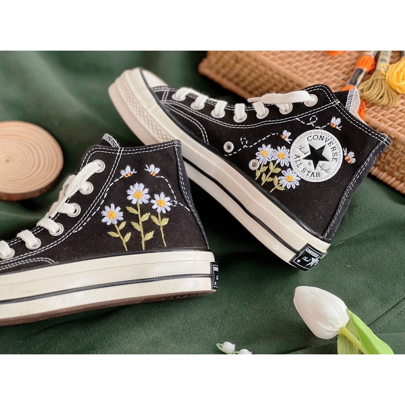 Flower ConverseCustom Converse White Chrysanthemum And BeesEmbroidered Logo DaisyCustom Converse Chuck Taylors 1970sGift For Her - 1.jpg