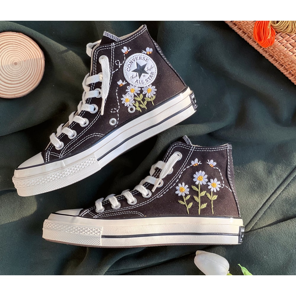 Flower ConverseCustom Converse White Chrysanthemum And BeesEmbroidered Logo DaisyCustom Converse Chuck Taylors 1970sGift For Her - 2.jpg