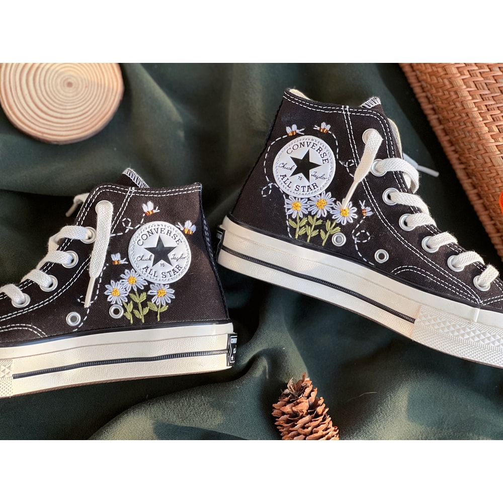 Flower ConverseCustom Converse White Chrysanthemum And BeesEmbroidered Logo DaisyCustom Converse Chuck Taylors 1970sGift For Her - 3.jpg