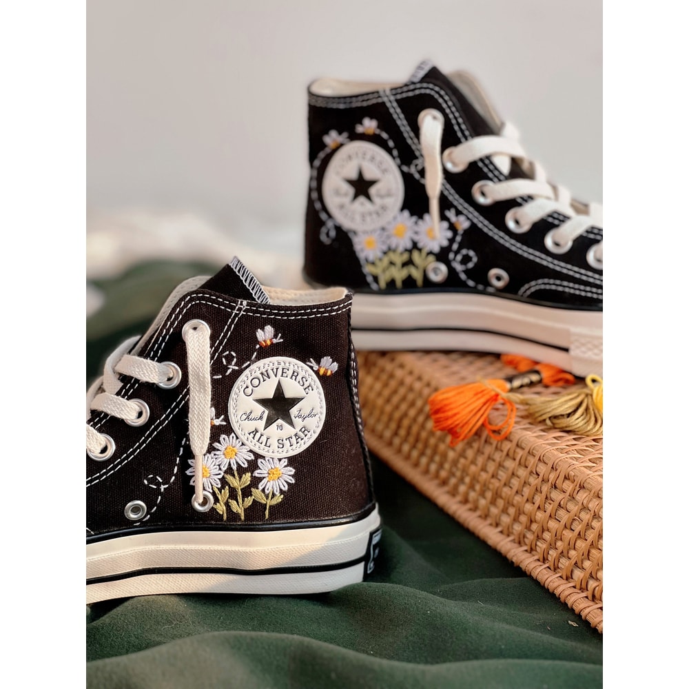Flower ConverseCustom Converse White Chrysanthemum And BeesEmbroidered Logo DaisyCustom Converse Chuck Taylors 1970sGift For Her - 4.jpg