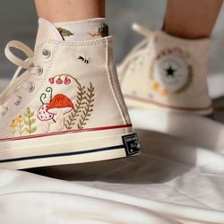 mushroom converse,embroidered converse high tops red mushrooms and yellow flower,custom bees and flowers,kawaii mushroom