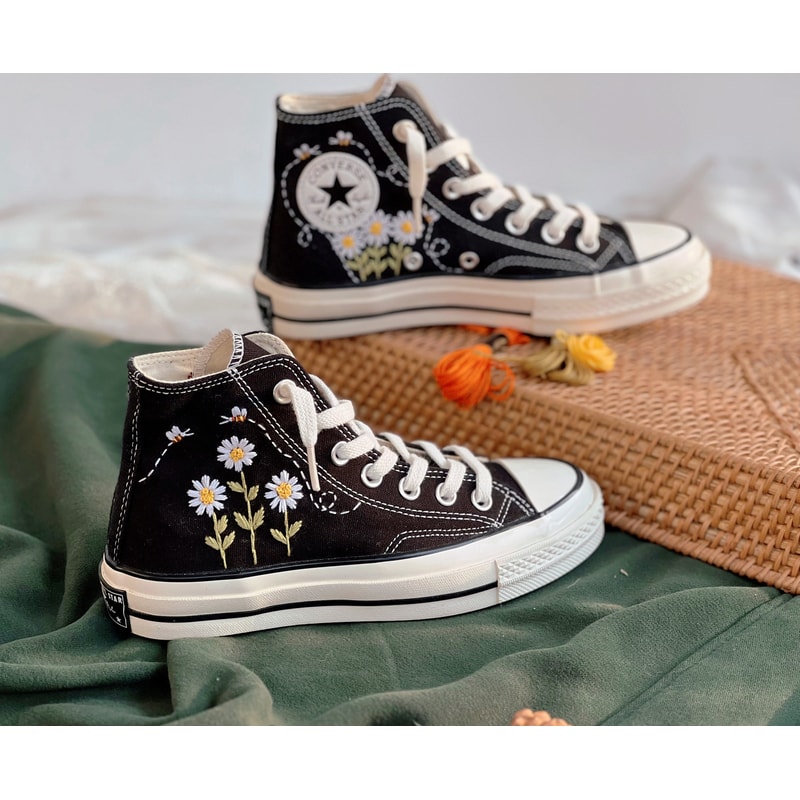 Flower ConverseCustom Converse White Chrysanthemum And BeesEmbroidered Logo DaisyCustom Converse Chuck Taylors 1970sGift For Her - 5.jpg