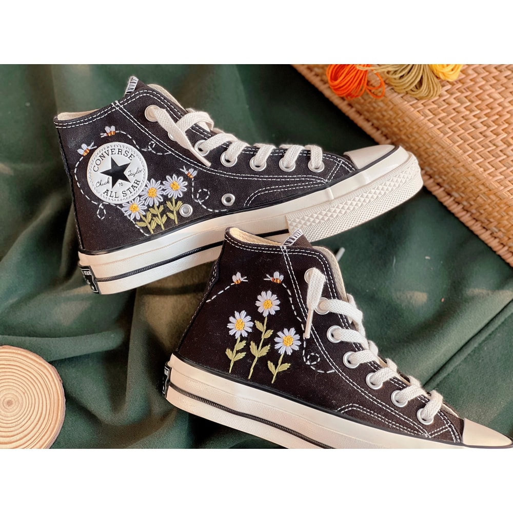 Flower ConverseCustom Converse White Chrysanthemum And BeesEmbroidered Logo DaisyCustom Converse Chuck Taylors 1970sGift For Her - 6.jpg