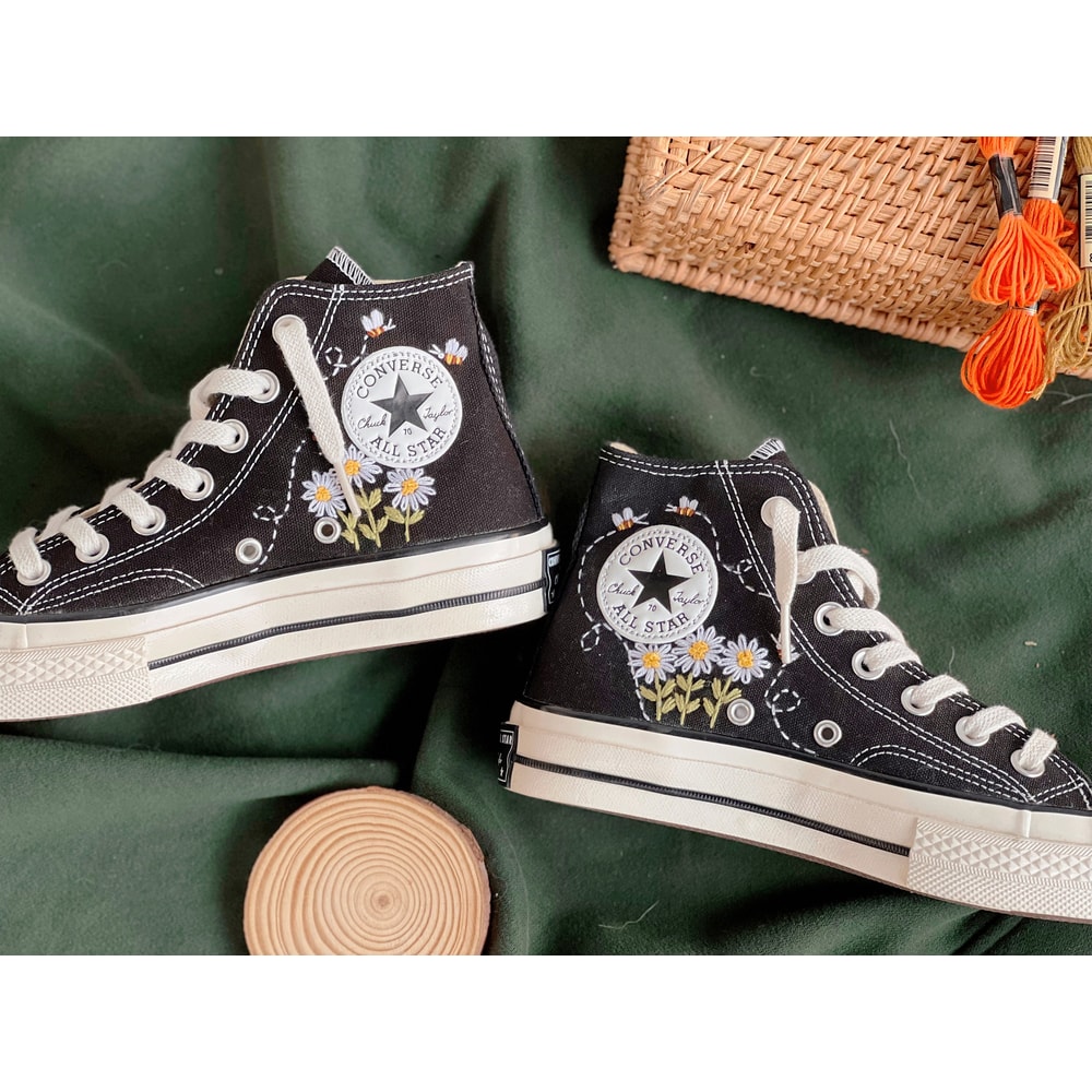 Flower ConverseCustom Converse White Chrysanthemum And BeesEmbroidered Logo DaisyCustom Converse Chuck Taylors 1970sGift For Her - 7.jpg