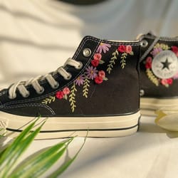 wedding converse high tops chuck taylor 1970s,embroidered converse,custom rose strip,embroidered rose logo,custom weddin