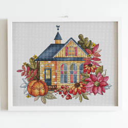 fall house cross stitch pattern pdf, cozy autumn house counted cross stitch, leaves embroidery pattern, diy home fall