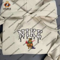 Nike Winnie Pooh Pumpkin Embroidered Crewneck, Halloween Sweatshirt, Disney Embroidered Hoodie, Spooky Unisex T-shirt