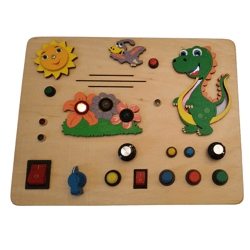 Busyboard Dinosaur With Buttons, LEDs, dinosaur and pterodactyl sounds, 12 English children's melodies and songs.