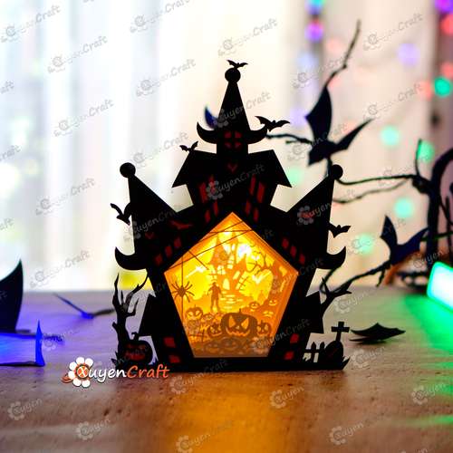 Zombie in Haunted House Shadow Box Halloween PDF, SVG Light Box for Cricut Projects, ScanNcut