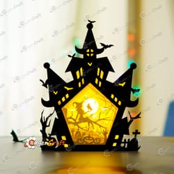 witch & crow in haunted house shadow box halloween pdf, svg light box for cricut, sillhouette 4, scanncut