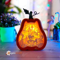 Cat in Tall Pumpkin Lantern Shadow Box SVG for Cricut Projects, Halloween Crafts, Paper Cut Template