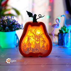 Spooky Tree in Tall Pumpkin Lantern Shadow Box SVG for Cricut Projects, Halloween Paper Cut Template