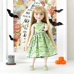 Halloween outfit green skulls dress for Ruby Red Fashion Friends doll 14.5 inch, 14"-15" doll clothes for spooky season