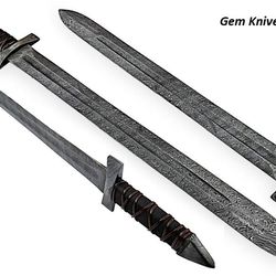 hand forged damascus steel viking sword, battle ready medieval sword.