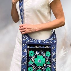 Handcrafted Eco-Friendly Floral Embroidered Suede Crossbody Bag