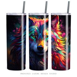 Colorful Neon Wolf 20 oz Skinny Tumbler Sublimation Digital Design Instant Download Design Wolf 20 oz Tumbler Wrap PNG