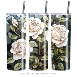 Stained Glass White Roses 20 oz Skinny Tumbler Sublimation Digital Design Instant Download DIGITAL 20oz Tumbler Wrap PNG