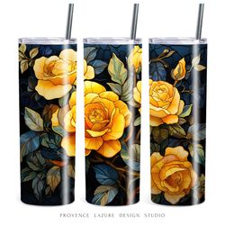 Yellow Roses Stained Glass 20 oz Skinny Tumbler Sublimation Digital Design Instant Download DIGITAL 20 oz Tumbler Wrap