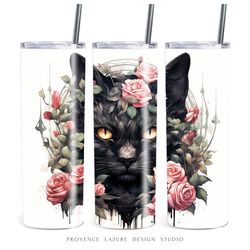 Watercolor Black Cat with Flowers 20 oz Skinny Tumbler Sublimation Digital Design Instant Download 20oz Tumbler Wrap PNG