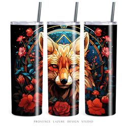 Stained Glass Fox and Red Roses 20 oz Skinny Tumbler Sublimation Digital Design Instant Download 20 oz Tumbler Wrap PNG
