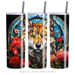 Stained Glass Wolf and Red Roses 20 oz Skinny Tumbler Sublimation Digital Design Instant Download 20 oz Tumbler Wrap PNG