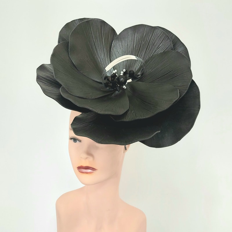 black flower fascinator Derby hat Hair clip Mysterious flower Halloween outfit.jpg