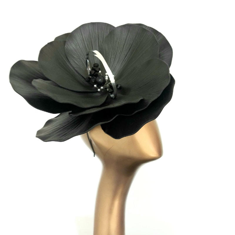Large black petunia fascinator with mirror petals and crystals Hair clip Derby Fascinator Church hat Halloween headdress.jpg