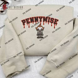 Pennywise Horror Characters Embroidered Crewneck, Horror Characters Embroidered Sweater, Halloween Hoodie, Unisex Shirt