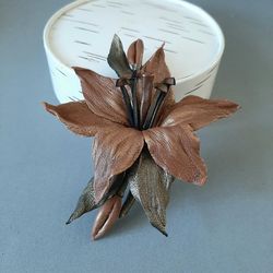 Leather brooch brown lily for her , 3rd anniversary gift for wife, Leather women's jewelry